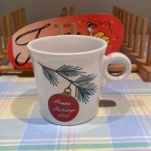 Fiestaware mug in white with nice Happy holidays and evergreen bough & ornament